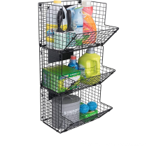 Kitchen household easy assemble metal wire mesh black 3 tier wall hanging food fruit storage basket for Bin Rack Bathroom Holder